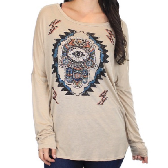 Boutique Tops - ⭐️5 STAR rated IBERIA taupe hamsa hand blouse
